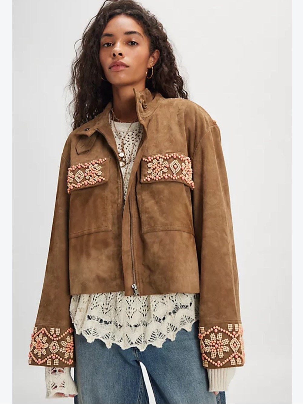 Free People Bali Fading Moon Cropped Suede Beaded Jacket Olive Brown XS